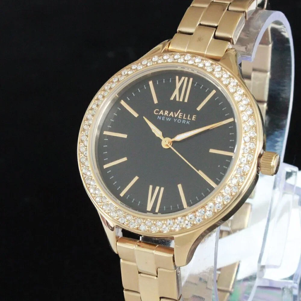 Caravelle New York Ladies Casual Watch Swarovski Crystal Bezel Gold Tone 37mm